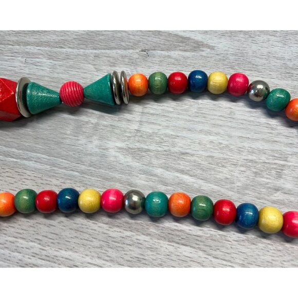Handcrafted Rainbow Wooden Bead Necklace Geometric Shapes Graduating Beads Boho - Picture 7 of 9